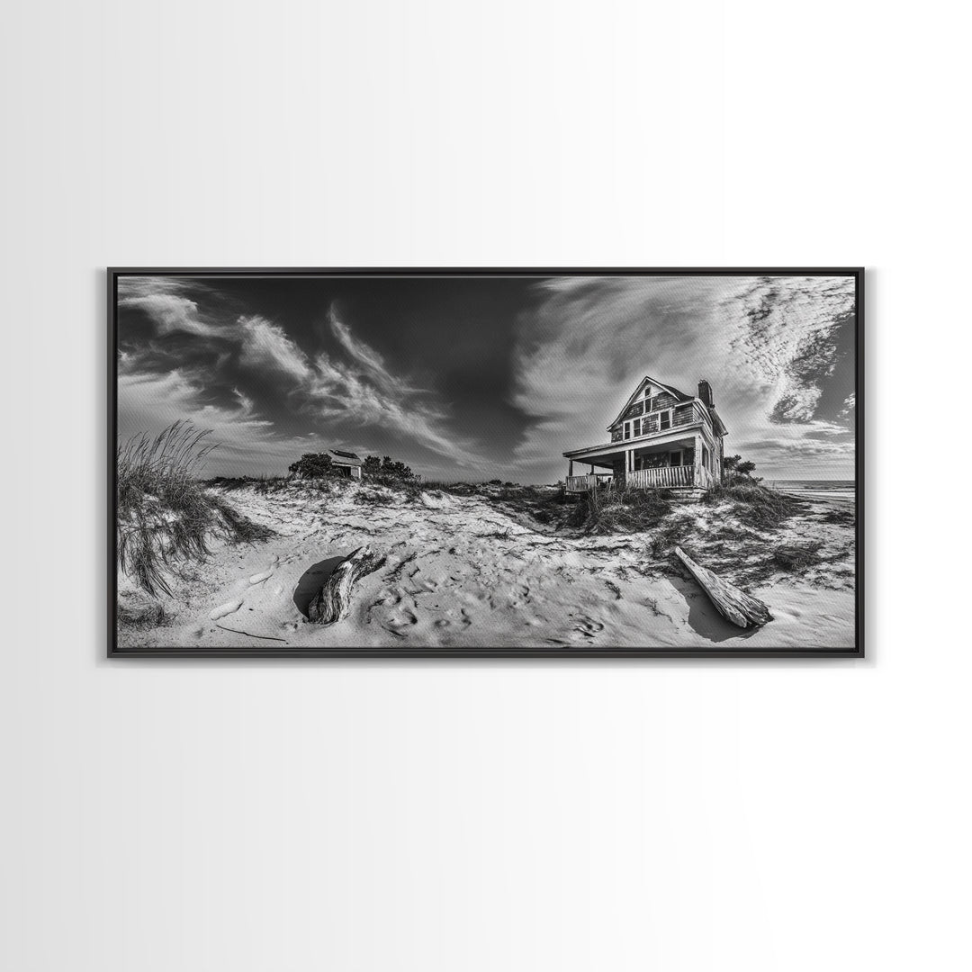 Abandoned House, Beach Shack, Coastal Ruins, Windy Sky, Canvas Print, Rustic Wall Art, Fall Home Decor, Dramatic Seaside Scene