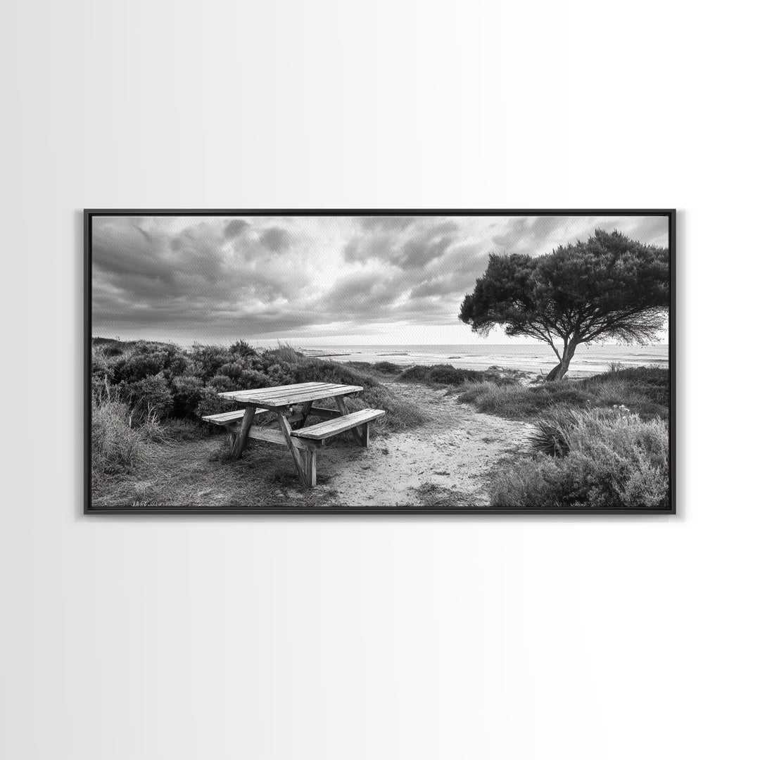 Picnic Table, Ocean Tree, Coastal Path, Windswept Scene, Framed Canvas Print, Rustic Wall Art, Fall Decor, Peaceful Beach Setting