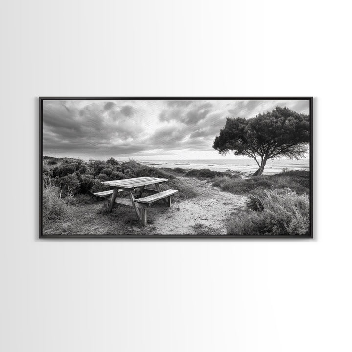 Picnic Table, Ocean Tree, Coastal Path, Windswept Scene, Framed Canvas Print, Rustic Wall Art, Fall Decor, Peaceful Beach Setting