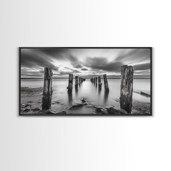 Ocean Pilings, Calm Waters, Cloud Streaks, Sunset Mood, Canvas Print, Minimalist Seascape, Bedroom Wall Art, Serene Beach Decor