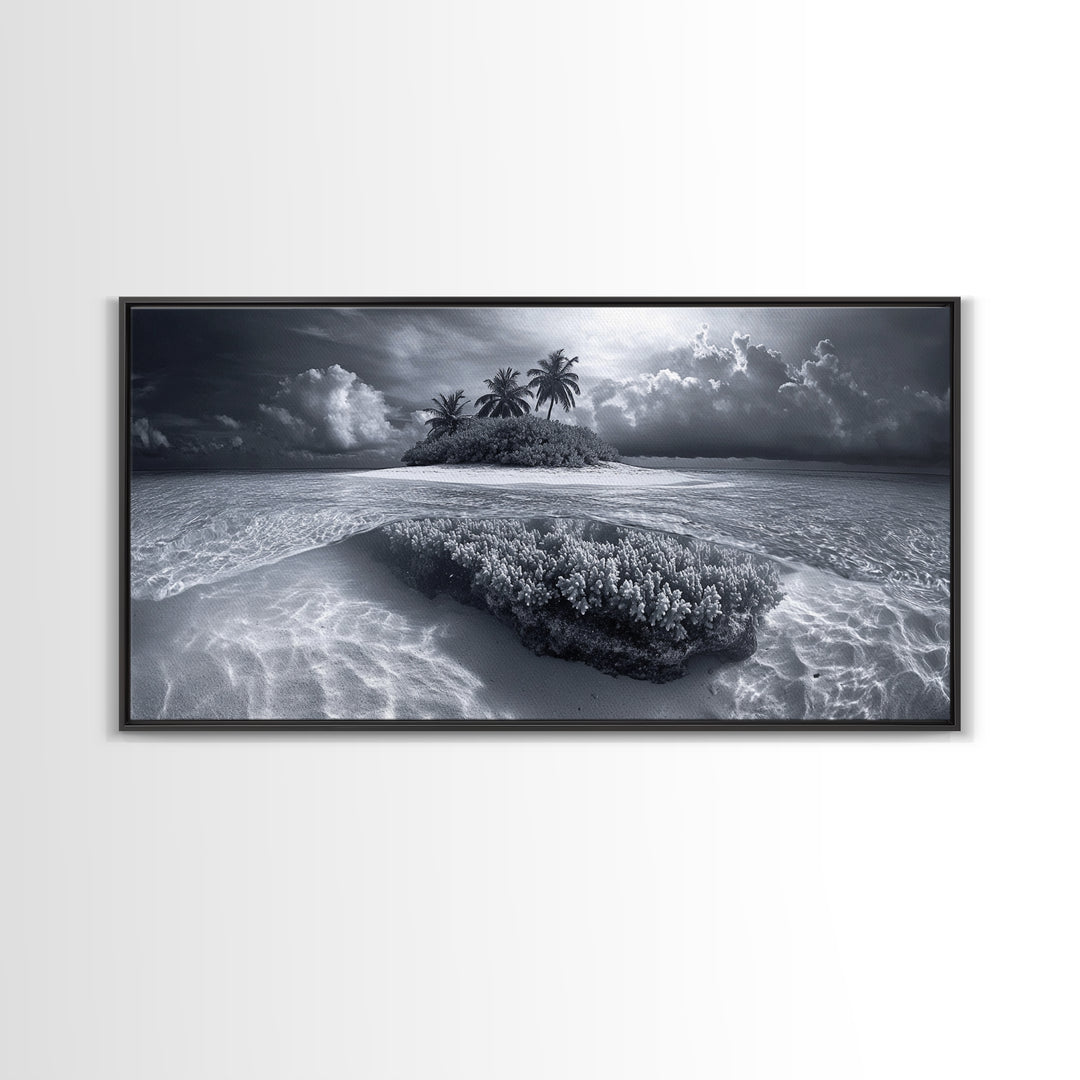 Coral Island, Tropical Ocean, Underwater Reef, Clear Sea, Framed Canvas Print, Beach House Art, Coastal Living Room Decor, Office Wall Decor