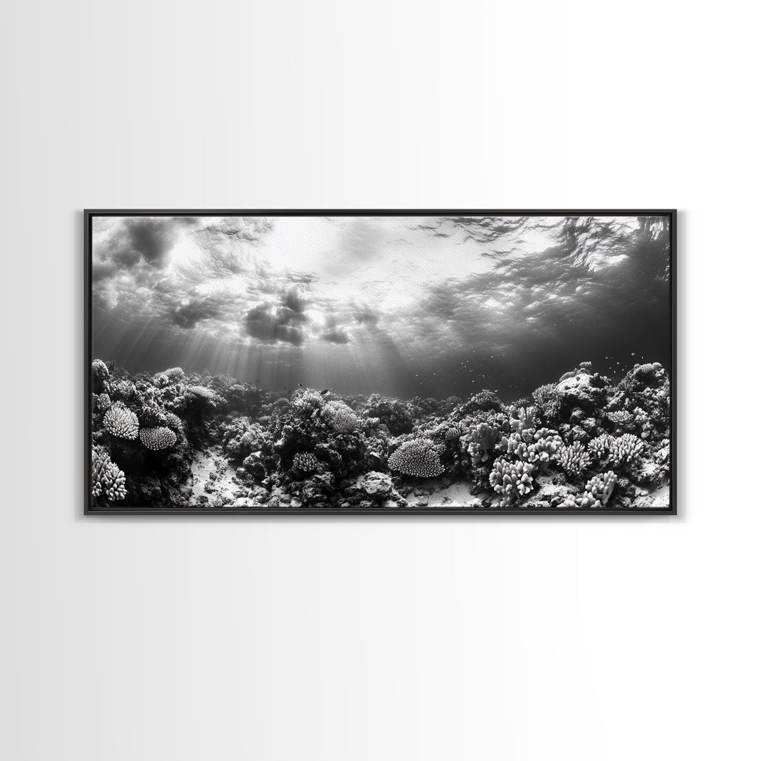 Coral Reef, Ocean Depths, Sunlight Rays, Marine Life, Canvas Print, Minimalist Nature Art, Bathroom Decor, Underwater Scene, Bedroom Wall Art