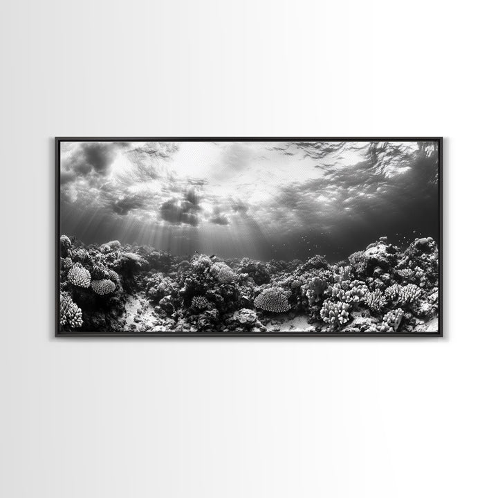 Coral Reef, Ocean Depths, Sunlight Rays, Marine Life, Canvas Print, Minimalist Nature Art, Bathroom Decor, Underwater Scene, Bedroom Wall Art