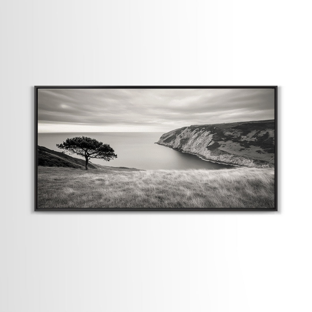Coastal Cliff View, Solitary Tree Scene, Modern Minimalist Style, Framed Canvas Print, Calm Neutral Wall Art, Living Room Decor