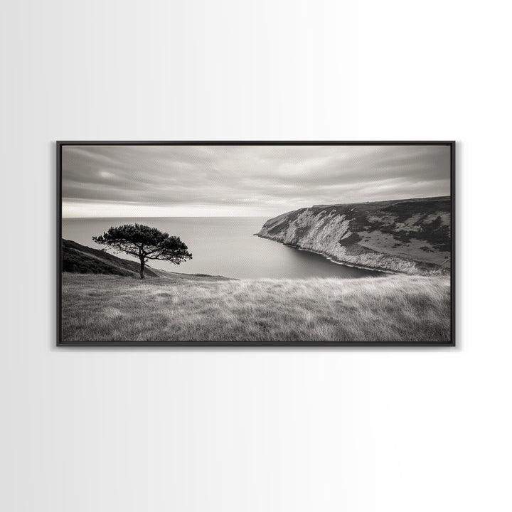 Coastal Cliff View, Solitary Tree Scene, Modern Minimalist Style, Framed Canvas Print, Calm Neutral Wall Art, Living Room Decor
