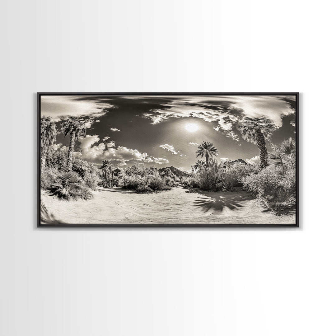 Desert Oasis, Palm Landscape, Nature Panorama, Framed Canvas Print, Tropical Wall Art, Living Room Decor, Boho Aesthetic, Sunlit Scene