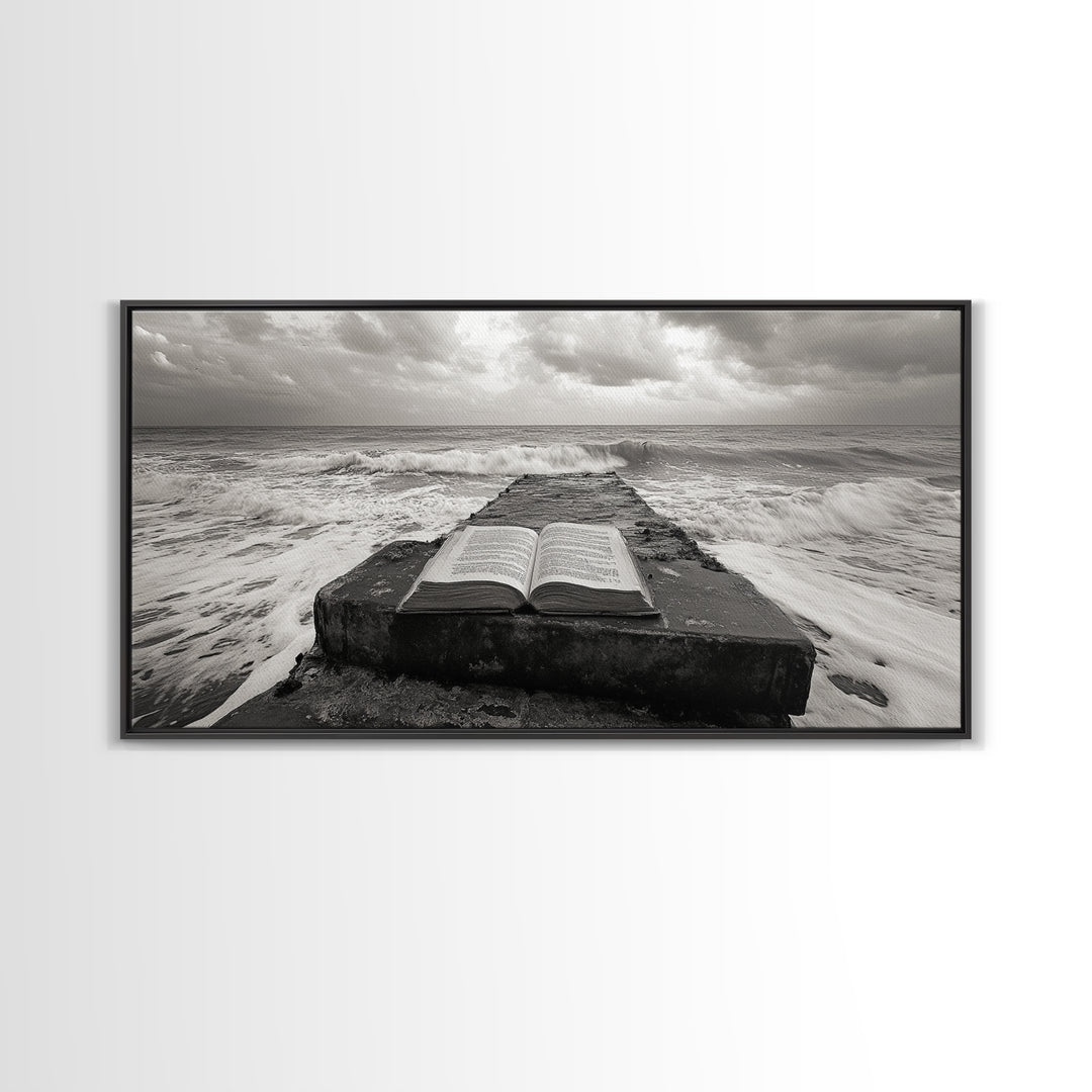 Ocean and Book, Moody Literary Print, Surreal Seascape Art, Framed Canvas Print, Library or Reading Nook Wall Decor, Dark Academia