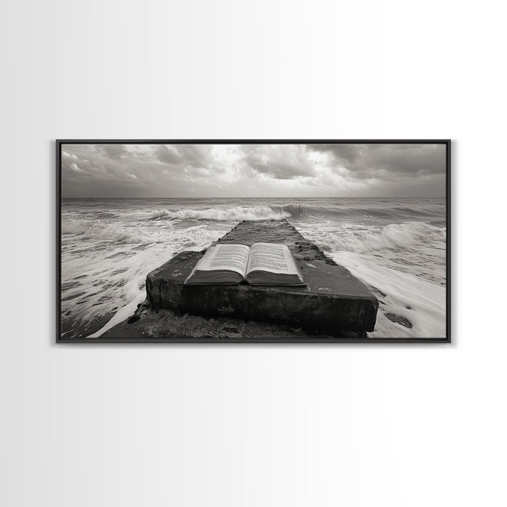 Ocean and Book, Moody Literary Print, Surreal Seascape Art, Framed Canvas Print, Library or Reading Nook Wall Decor, Dark Academia