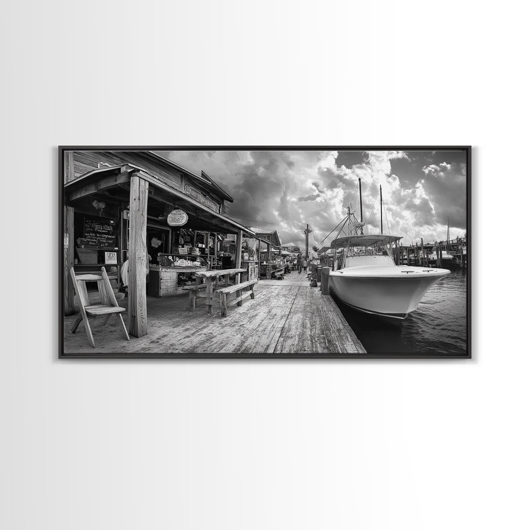 Dockside Market, Nautical Vibes, Fishing Village, Framed Canvas Print, Coastal Kitchen Art, Rustic Decor, Oceanfront Life Scene