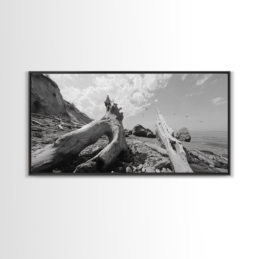 Coastal Driftwood, Beach Landscape, Pebble Shore Scene, Natural Decor Accent, Canvas Print, Relaxed Vibe, Entryway or Den Wall Art