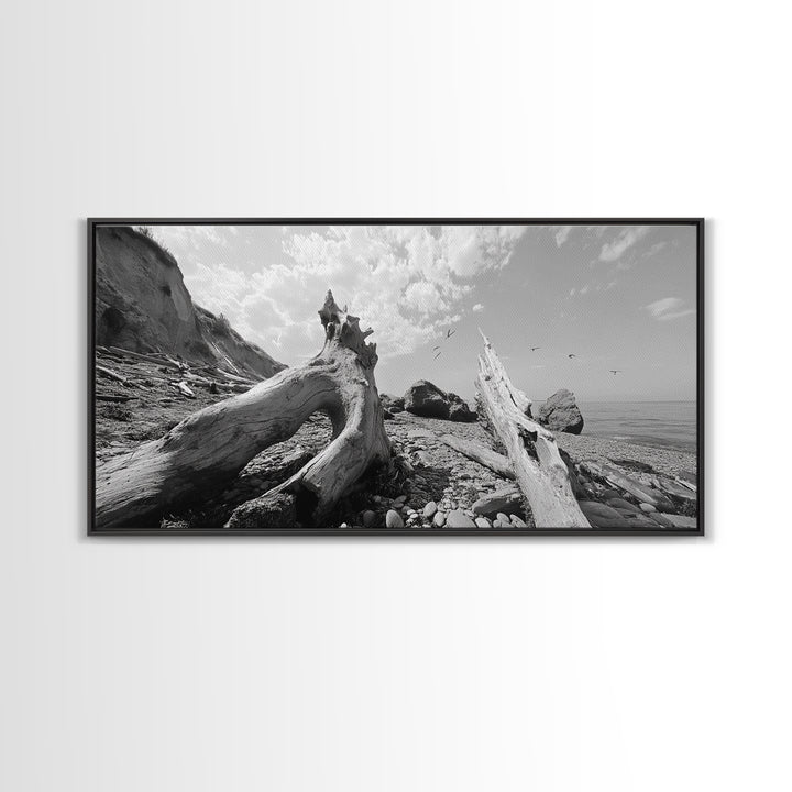Coastal Driftwood, Beach Landscape, Pebble Shore Scene, Natural Decor Accent, Canvas Print, Relaxed Vibe, Entryway or Den Wall Art