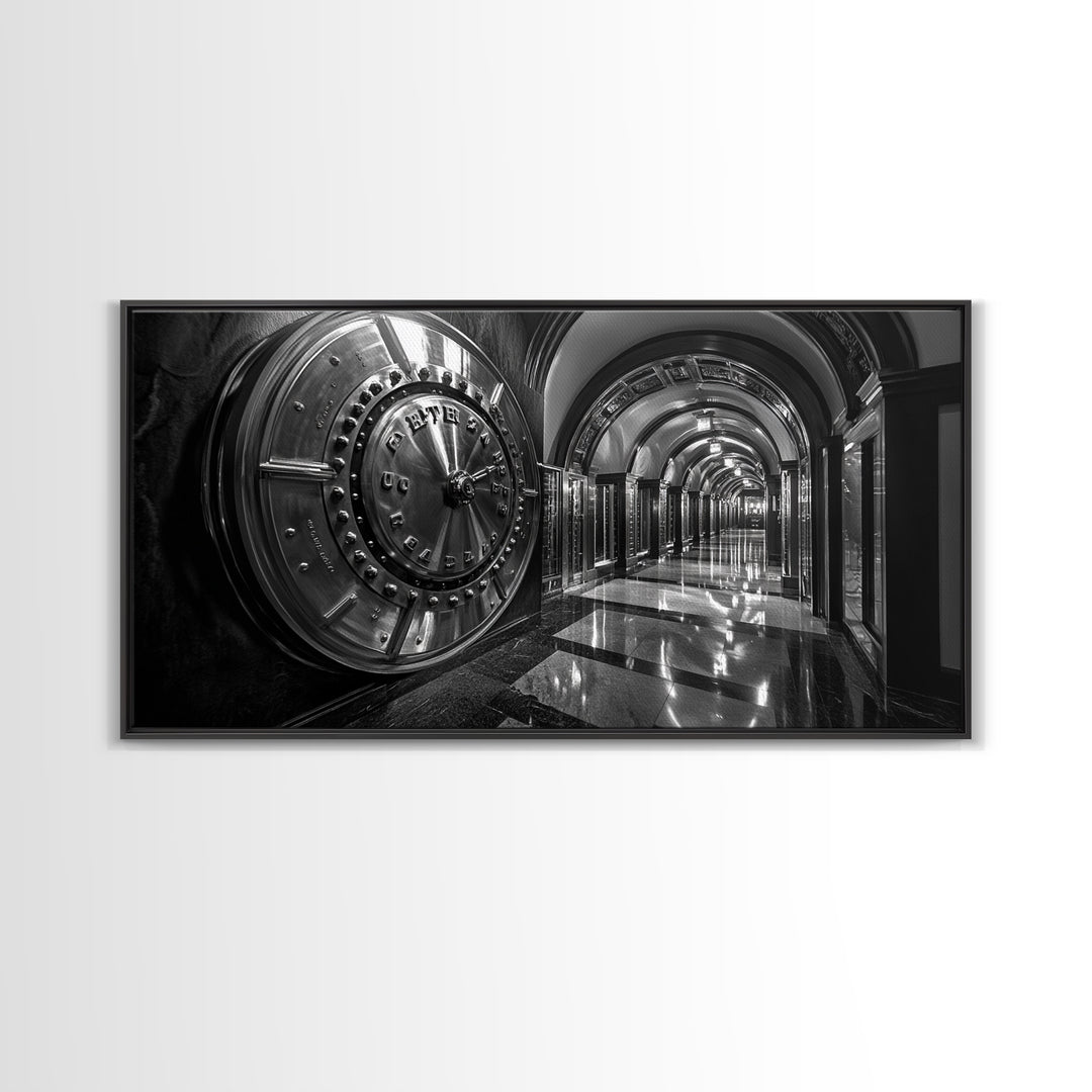 Bank Vault Door, Industrial Urban Decor, Luxury Office Art, Framed Canvas Print, Black and Silver Wall Art, Masculine Home Style