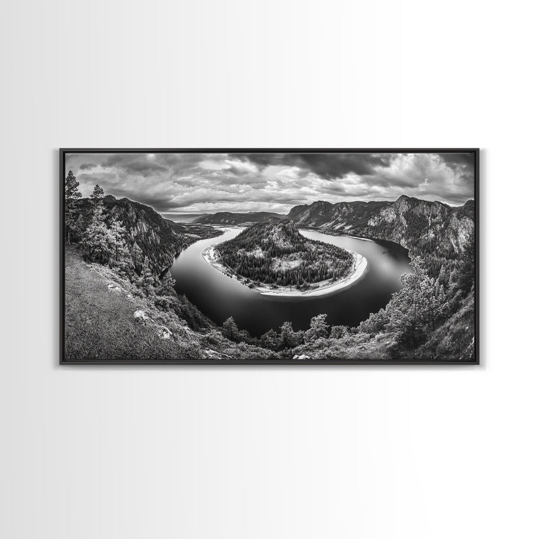 River Bend Landscape, Mountain View Aerial, Nature Panorama Scene, Framed Canvas Print, Cabin Wall Art, Adventure Boho Art, Living Room Wall Art