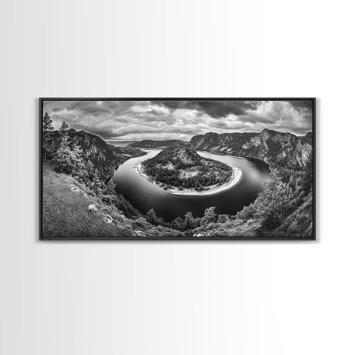 River Bend Landscape, Mountain View Aerial, Nature Panorama Scene, Framed Canvas Print, Cabin Wall Art, Adventure Boho Art, Living Room Wall Art