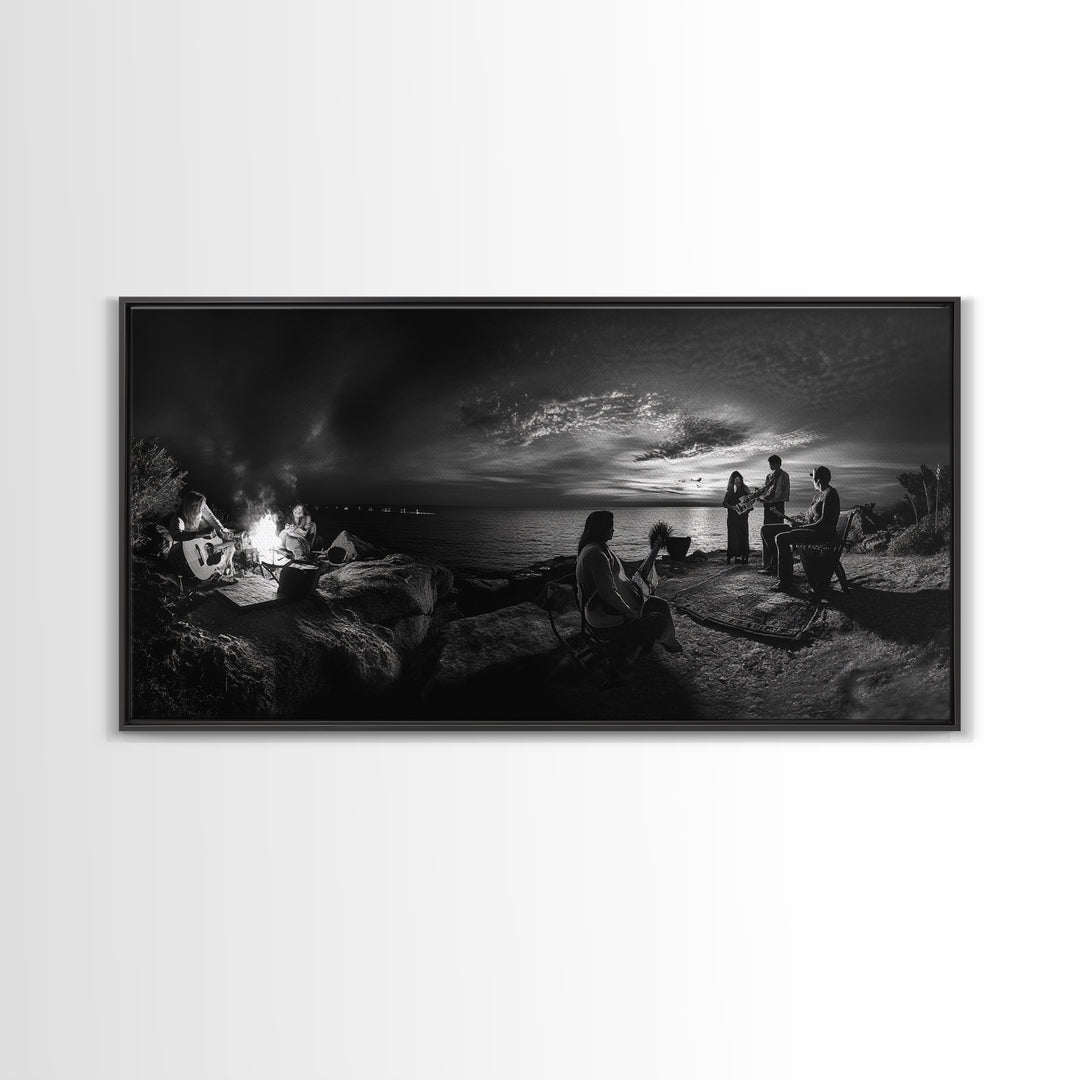Campfire Gathering, Boho Night Vibes, Music Outdoors Scene, Framed Canvas Print, Living Room Wall Art, Folk Rustic Aesthetic