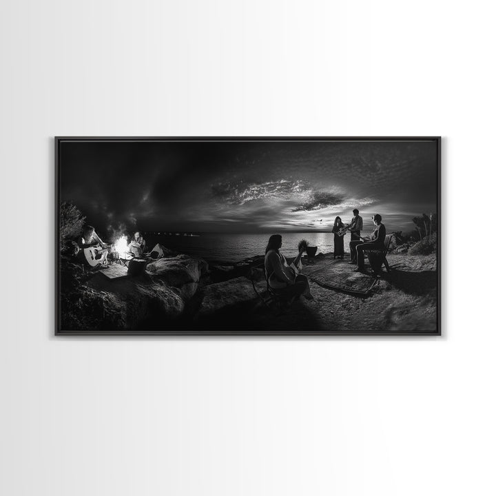 Campfire Gathering, Boho Night Vibes, Music Outdoors Scene, Framed Canvas Print, Living Room Wall Art, Folk Rustic Aesthetic