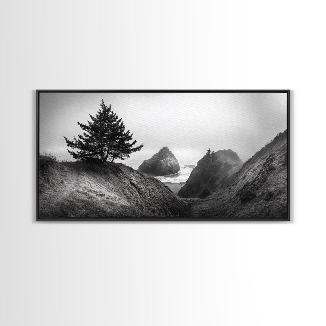 Coastal Cliff Scene, Evergreen Ocean Landscape, Pacific Northwest View, Framed Canvas Print, Nature Inspired Wall Art, Minimalist Decor