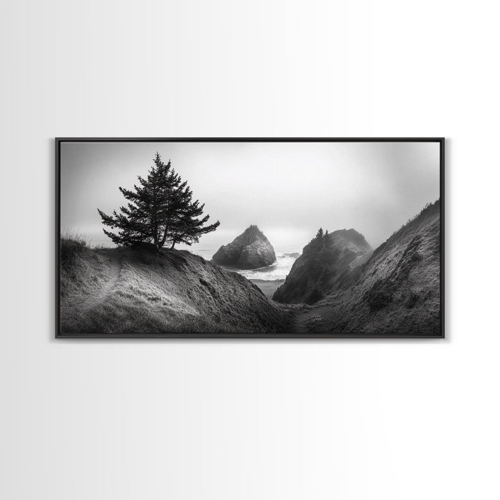 Coastal Cliff Scene, Evergreen Ocean Landscape, Pacific Northwest View, Framed Canvas Print, Nature Inspired Wall Art, Minimalist Decor