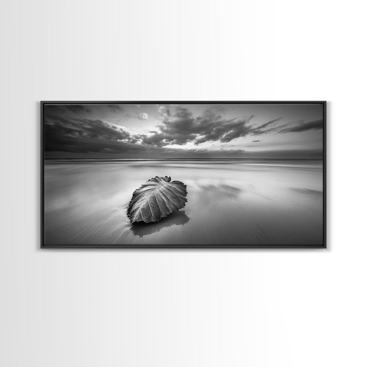 Beach Leaf Still, Autumn Nature Scene, Calm Ocean Shoreline, Canvas Print, Fall Bathroom Wall Art, Neutral Earth Tone Decor