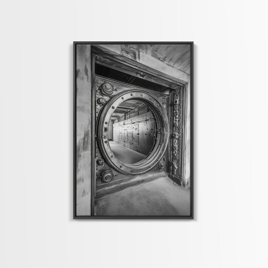 Bank Vault Door, Industrial Design, Urban Texture, Canvas Print, Masculine Office Decor, Steampunk Wall Art, Black White Print