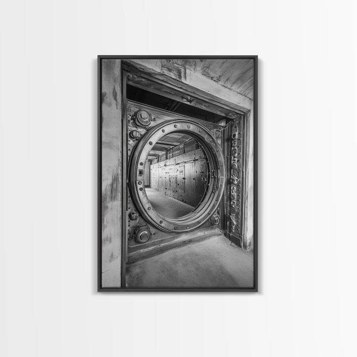 Bank Vault Door, Industrial Design, Urban Texture, Canvas Print, Masculine Office Decor, Steampunk Wall Art, Black White Print