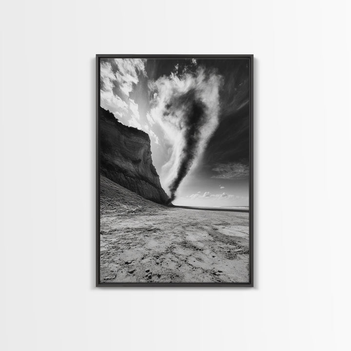 Tornado Beach Scene, Stormy Skies, Black and White Drama, Nature Photography, Framed Canvas Print, Office Wall Art, Moody Minimalist Decor