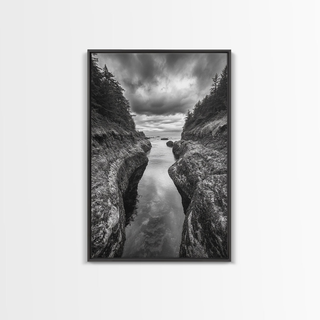 Rocky Waterway, Coastal Reflections, Dramatic Cloudscape, Ocean Nature Print, Framed Canvas Print, Bathroom Wall Art, Modern Rustic Style