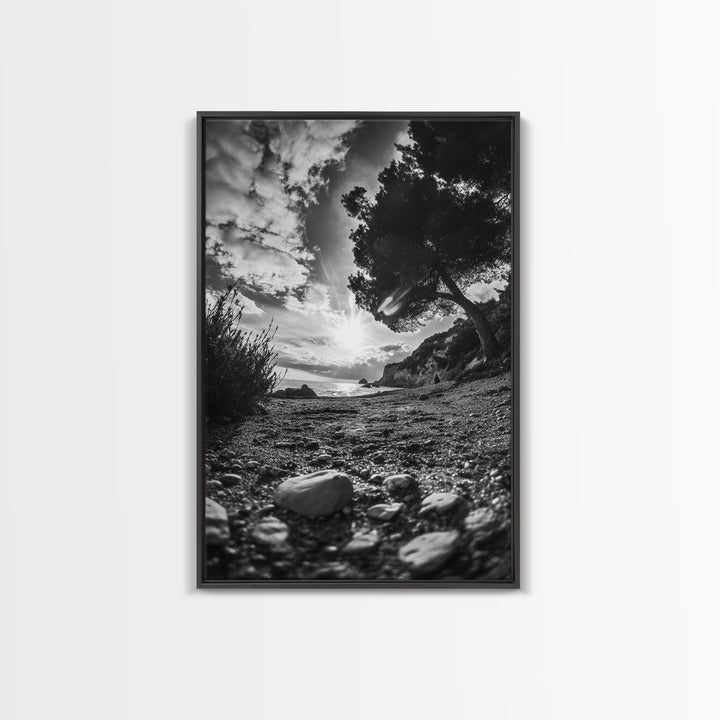 Sunset Beach View, Wide Angle Perspective, Nature Shoreline, Monochrome Landscape, Framed Canvas Print, Hallway Wall Art, Beach Decor