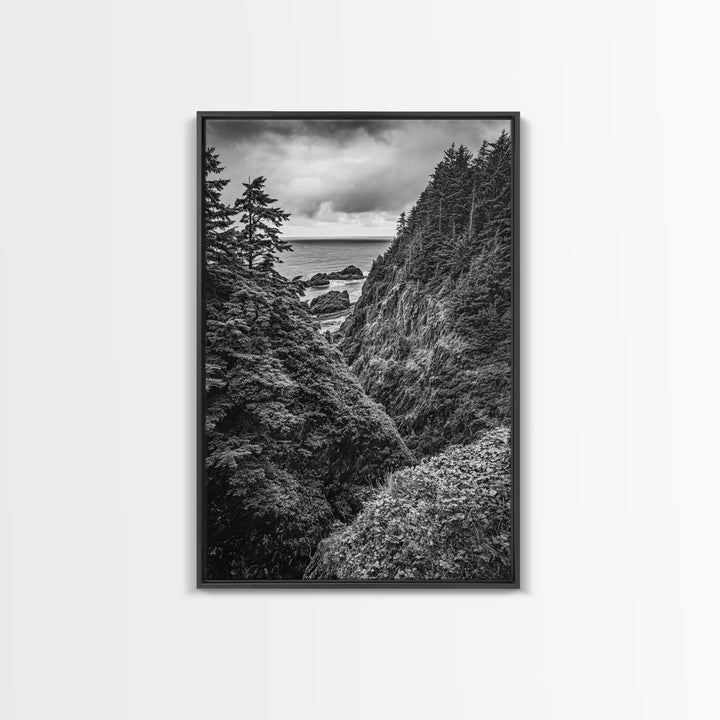Rugged Ocean View, Coastal Forest, Black and White Mountains, Pacific Northwest Vibes, Framed Canvas Print, Den Wall Art, Moody Cabin Decor