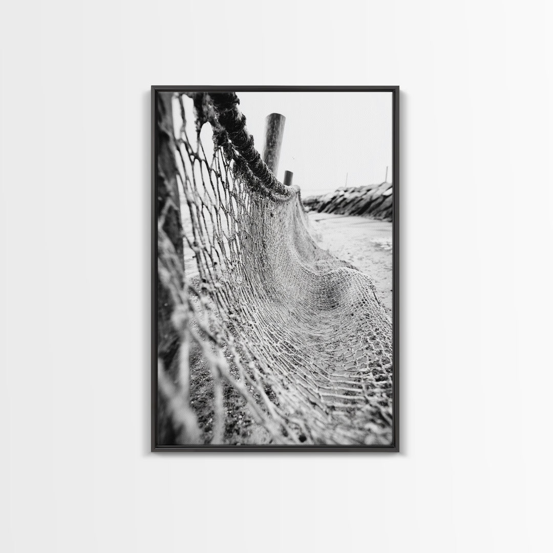 Coastal Net, Beach Texture, Nautical Vibe, Ocean Fence, Framed Canvas Print, Bathroom Wall Art, Coastal Cottage Style, Monochrome Beach Art