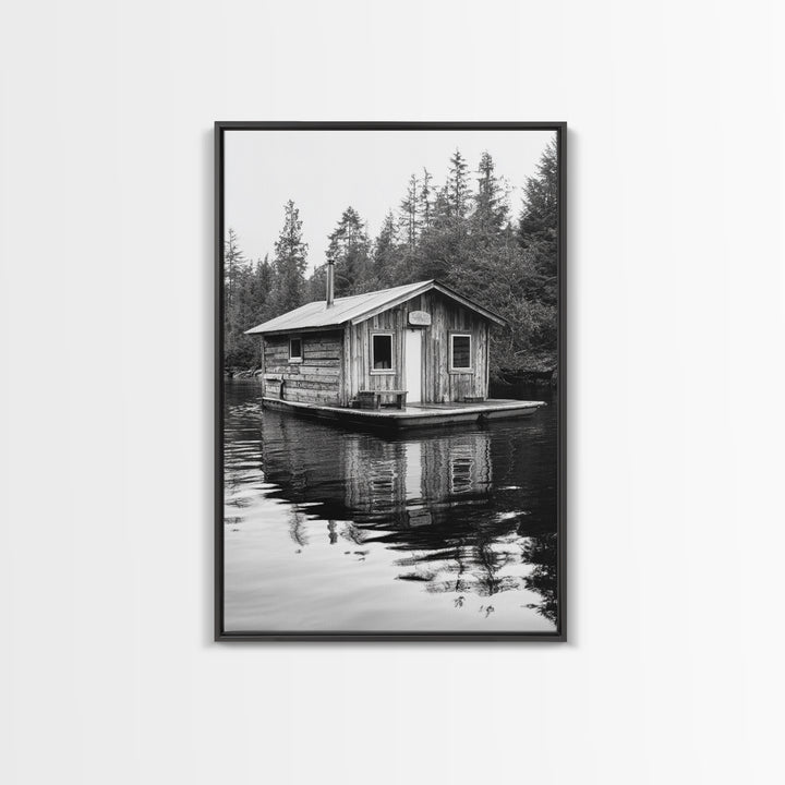 Floating Cabin, Lake House, Forest Reflection, Tranquil Waters, Framed Canvas Print, Bedroom Wall Art, Cabin Aesthetic, Rustic Nature Vibe