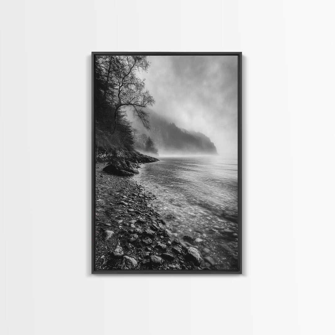 Foggy Coast, Moody Shore, Tranquil Pebbles, Forest Water, Framed Canvas Print, Bathroom Wall Art, Nature Photography Style, Calm Retreat Decor