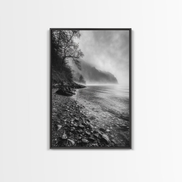 Foggy Coast, Moody Shore, Tranquil Pebbles, Forest Water, Framed Canvas Print, Bathroom Wall Art, Nature Photography Style, Calm Retreat Decor