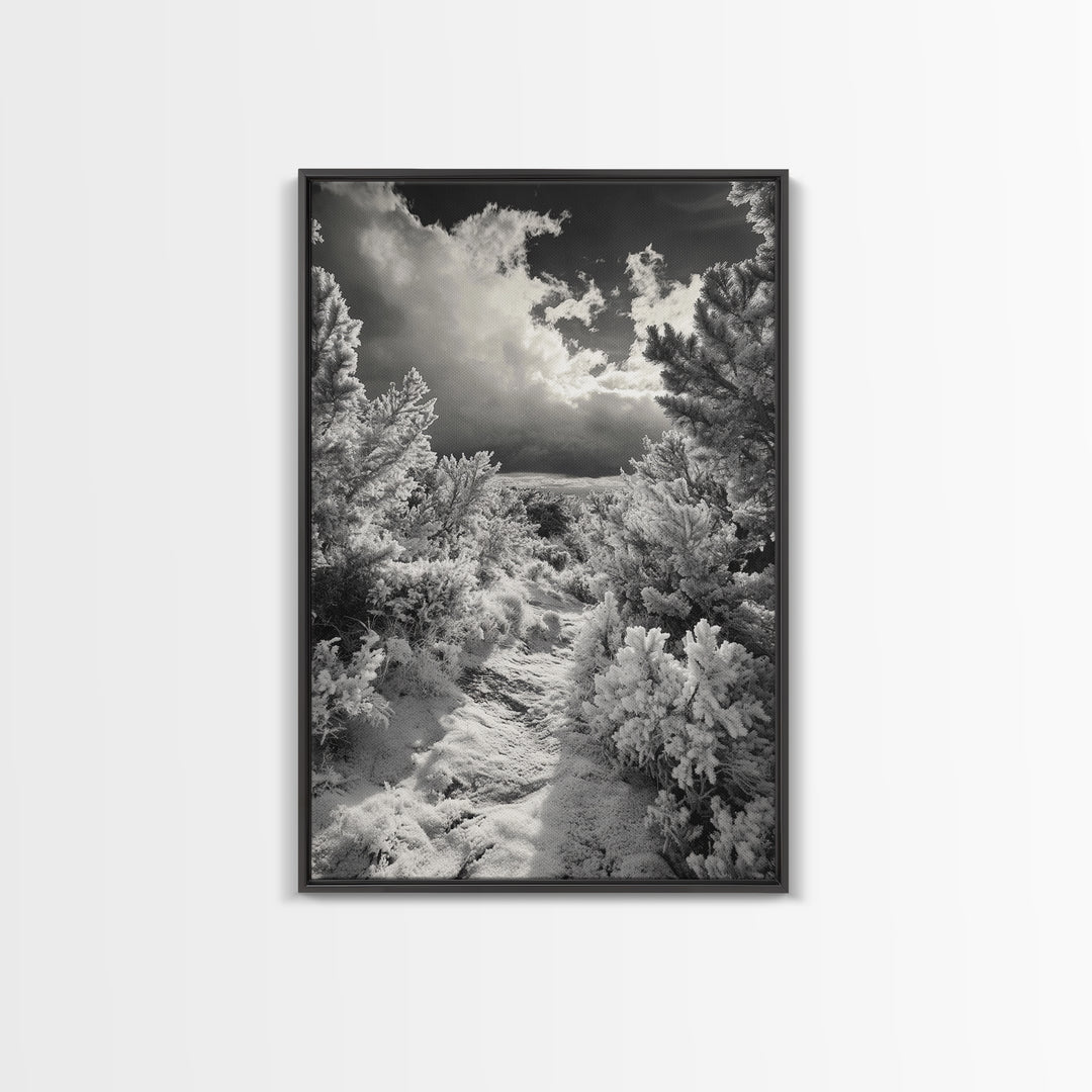 Snowy Pine Path, Winter Forest Light, Frozen Landscape Art, Canvas Print, Holiday Wall Art, Minimalist Winter, Nordic Style Decor