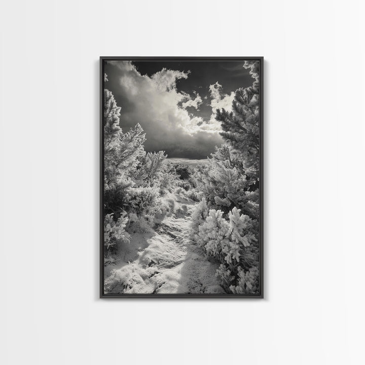 Snowy Pine Path, Winter Forest Light, Frozen Landscape Art, Canvas Print, Holiday Wall Art, Minimalist Winter, Nordic Style Decor