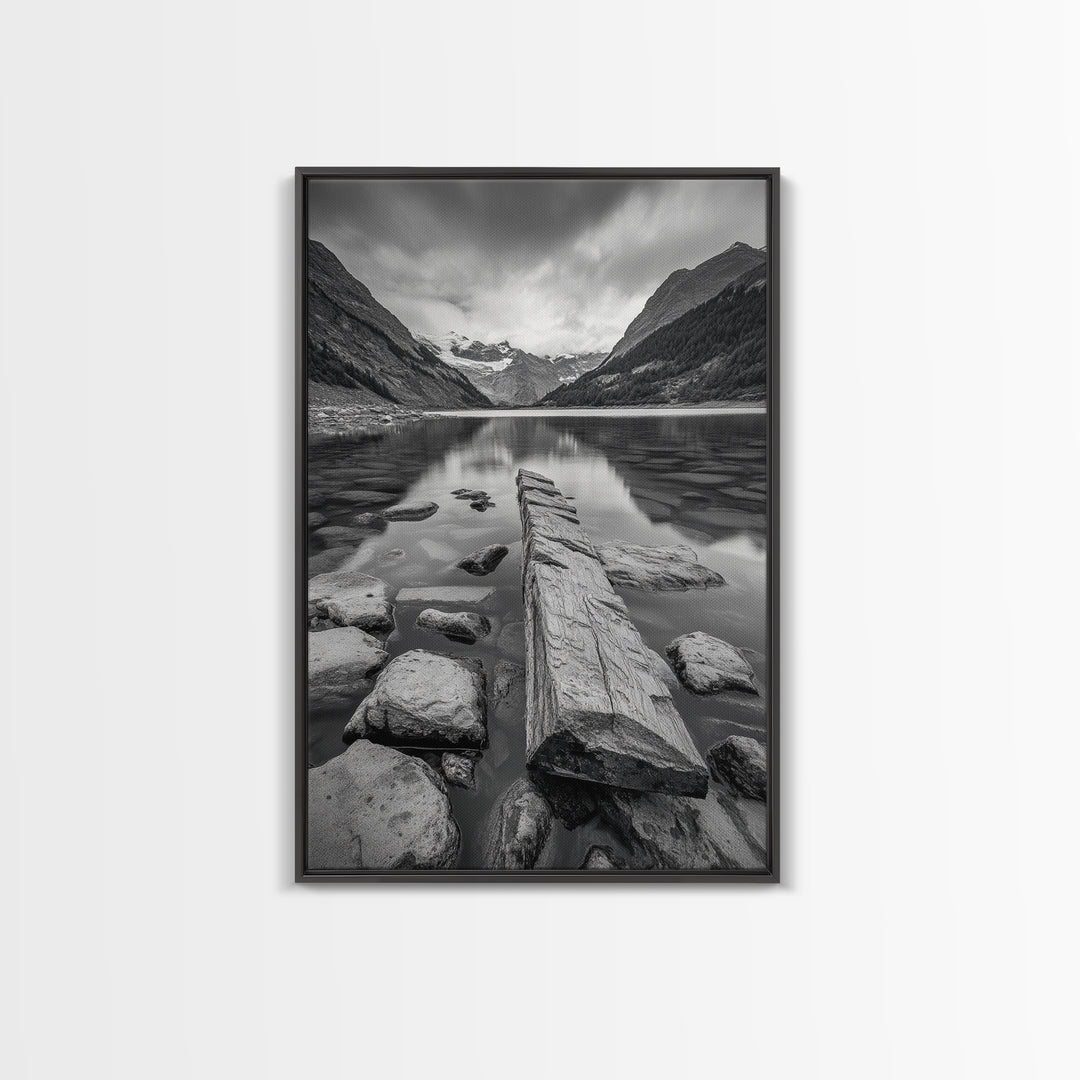 Mountain Lake Log, Alpine Serenity Scene, Tranquil Rock Shore, Canvas Print, Bedroom Wall Art, Nature Retreat, Minimalist Landscape