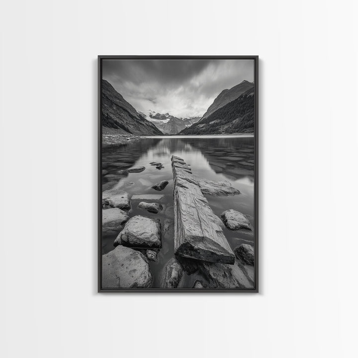 Mountain Lake Log, Alpine Serenity Scene, Tranquil Rock Shore, Canvas Print, Bedroom Wall Art, Nature Retreat, Minimalist Landscape