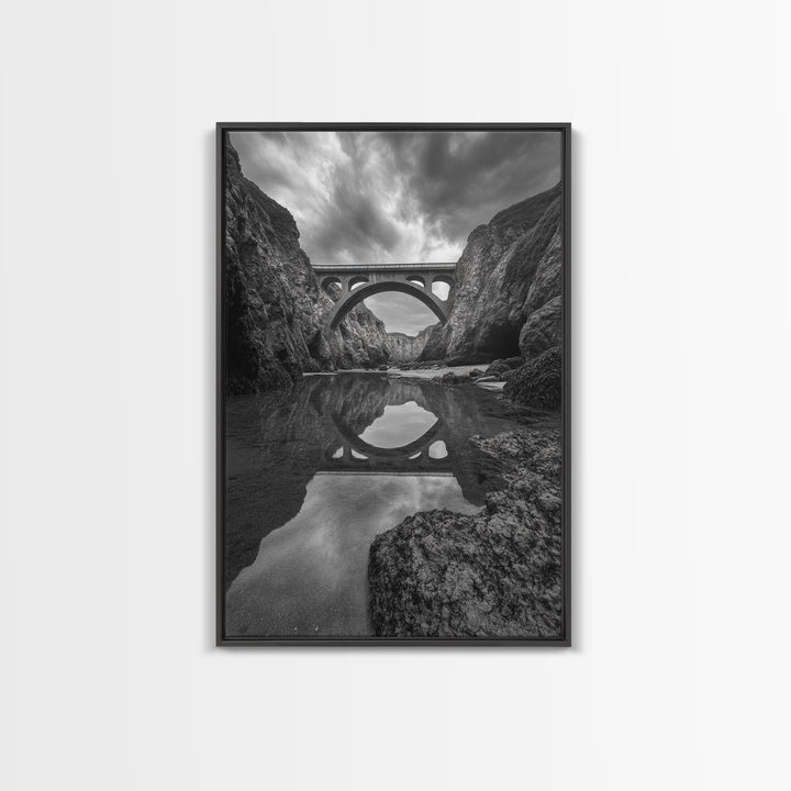 Stone Bridge, Reflections, River Archway, Nature Drama, Framed Canvas Print, Landscape Wall Art, Monochrome Photography, Entryway Art