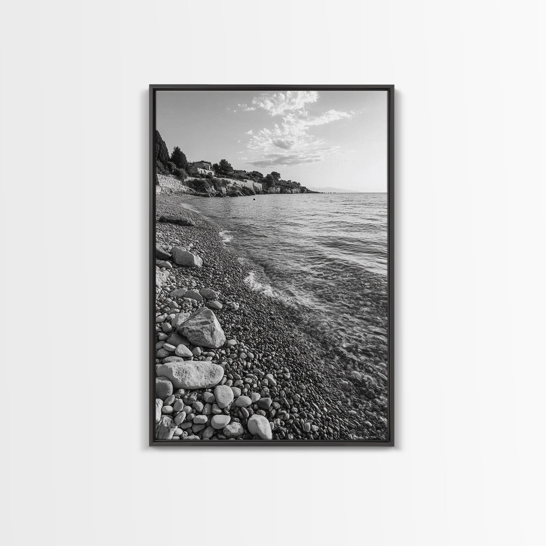 Pebble Beach, Tranquil Coastline, Coastal Stones, Sunrise Shore, Canvas Print, Bathroom Wall Art, Ocean Photography, Beach House Decor