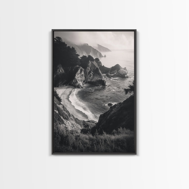 Ocean Cove, Cliffside Escape, Pacific Waters, Coastal Horizon, Canvas Print, Beach House Wall Art, Serene Nature Photography, Neutral Tones