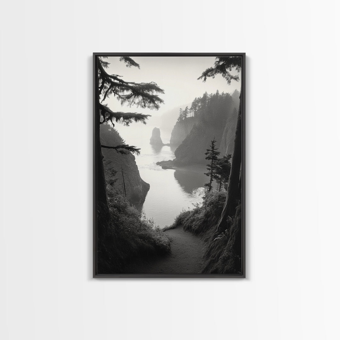 Forest Cliffs, Ocean Pathway, Misty Coast, Woodland Escape, Framed Canvas Print, Cabin Wall Art, Nature Trail Aesthetic, Autumn Mood Art