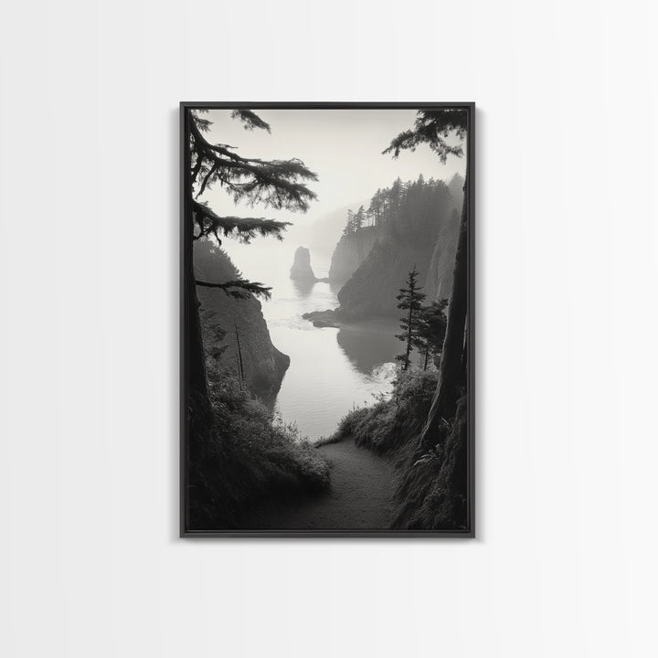 Forest Cliffs, Ocean Pathway, Misty Coast, Woodland Escape, Framed Canvas Print, Cabin Wall Art, Nature Trail Aesthetic, Autumn Mood Art