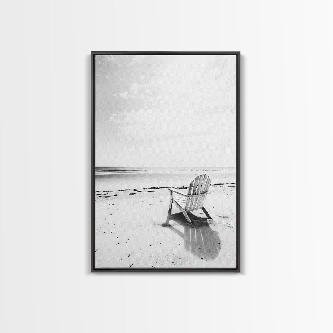 Beach Chair, Coastal Calm, Empty Shoreline, Canvas Print, Minimalist Wall Art, Beach House Decor, Serene Ocean Photography
