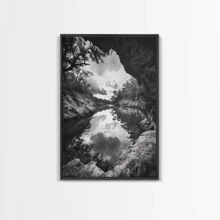 Serene River Reflection, Cave View, Monochrome Nature, Framed Canvas Print, Living Room Wall Art, Tranquil Landscape, Minimalist Decor