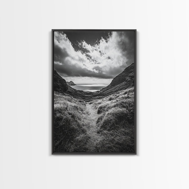 Highland Ocean Trail, Dramatic Clouds, Monochrome Nature, Canvas Print, Office Wall Art, Adventure Landscape, Rustic Home Decor