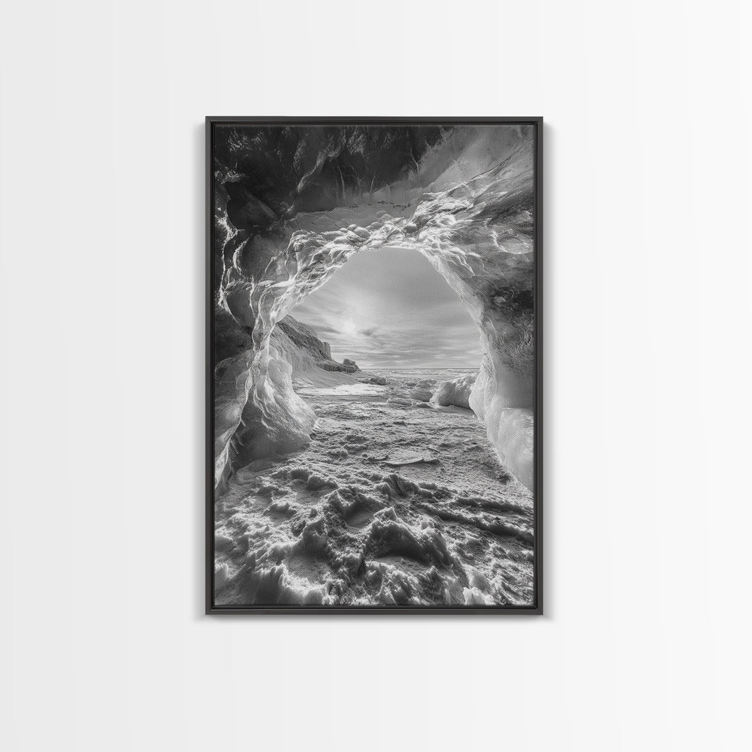 Ice Cave Opening, Winter Wonderland, Arctic Light, Framed Canvas Print, Bedroom Wall Art, Nordic Landscape, Minimalist Winter Art