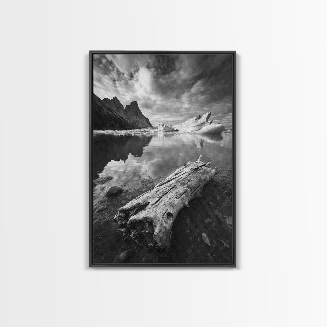 Arctic Driftwood View, Iceberg Horizon, Moody Mountains, Framed Canvas Print, Office Wall Art, Monochrome Nature, Nordic Aesthetic