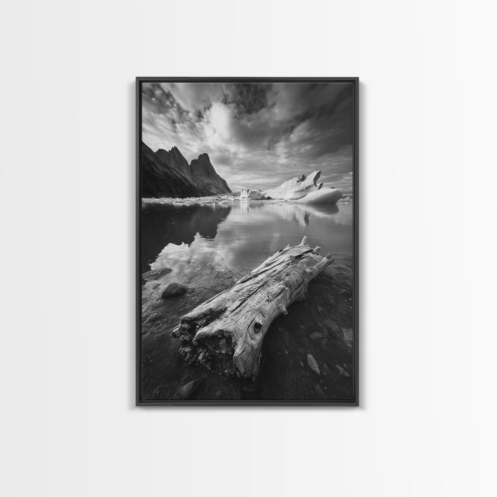 Arctic Driftwood View, Iceberg Horizon, Moody Mountains, Framed Canvas Print, Office Wall Art, Monochrome Nature, Nordic Aesthetic