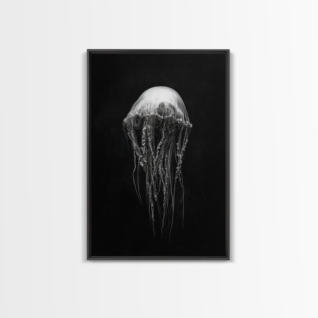 Elegant Jellyfish Art, Ocean Wildlife, Monochrome Marine, Framed Canvas Print, Bathroom Decor, Nautical Wall Art, Minimalist Sea Life
