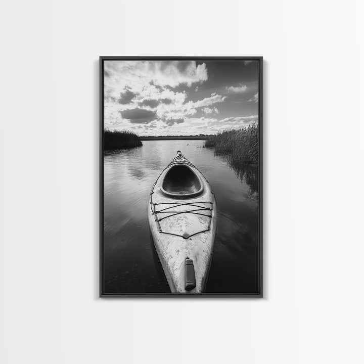 Kayak Lake View, Serene Water Landscape, Outdoor Adventure Art, Canvas Print, Cabin Wall Decor, Nature Lover Gift, Minimalist Water Art